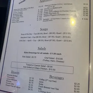 Apps soups salad desserts and NA beverages