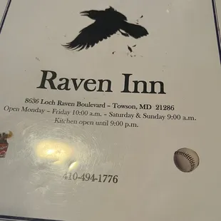 Menu cover hours address and phone number