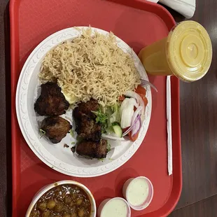 Lamb kabob with rice and chickpeas, + fresh mango lassi.