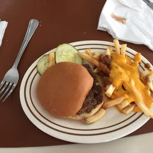 a hamburger and fries on a plate