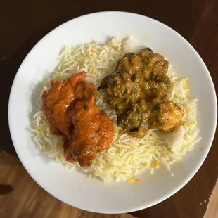 Butter Chicken (left) Palak Paneer (right) over rice