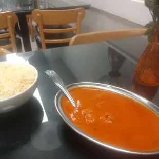 Panner Tikka Masala with rice. Delicious food! Unlike most restaurants in the US the spice level is very aggressive.