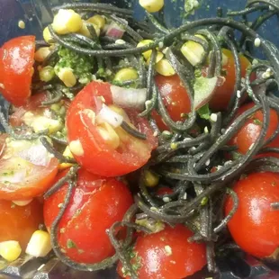 100% Raw Black bean pasta w/spicy corn salsa