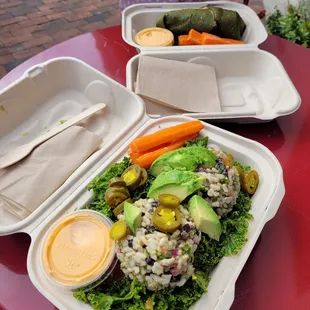 Mexican bowl and "chick'n" salad wrap