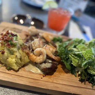 Surf and Turf steak and shrimp, pure potatoes, salad, and strawberry margarita!!!