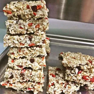 Try the house Raw Bar with or without cocoa - yummy!  And less then 200 calories but a great pre or mid workout snack.