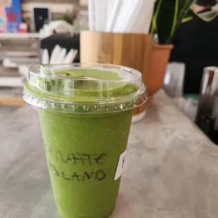 Private Island smoothie. All smoothies are blended with greens, chia and flax seeds.