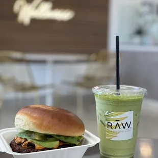 Chipolet Mushroom Burger, added Avocado. And Magic Matcha. All are 100% vegan.