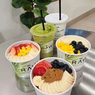 Three create your own bowls, Lavender Matcha Latte, and Almond  Cold Brew