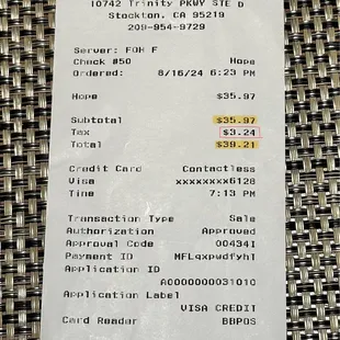 Receipt from the restaurant when I picked up my food.