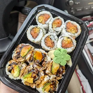 Spicy crunchy salmon top, eel and avocado on bottom