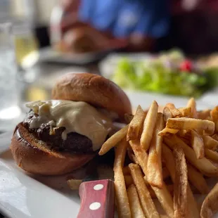 Garlic Burger and fries and salad