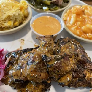 Jerk Chicken, Mac and Cheese, Collards and Cheddar Cornbread Pudding