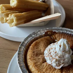 Peach cobbler and churros with salted caramel