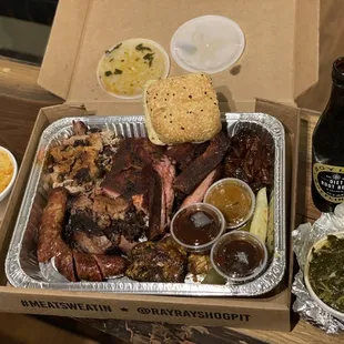 Mac and cheese,  Boneless Smoked Jerk Chicken Thighs Collard Greens Beef Brisket Pulled Pork Meatsweats