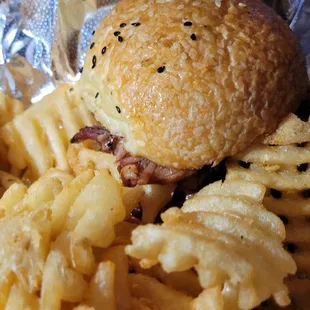 pulled pork sammie with waffle fries