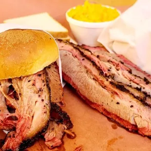 a plate of pulled pork and a sandwich