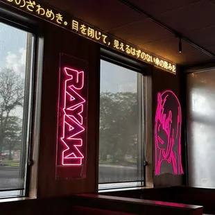 a neon sign in a restaurant