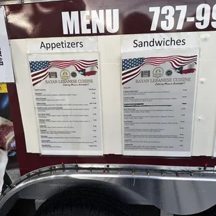 Appetizers and Sandwiches menu (zoom in)