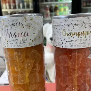 two bottles of champagne gummy bears