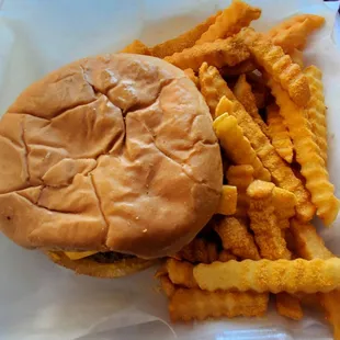 Large Cheeseburger (Mustard, Pickle, and Onions) with Seasoned Fry's ........... So Fresh