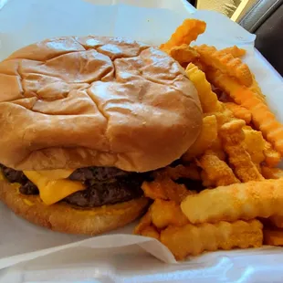 Large Cheeseburger (Mustard, Pickle, and Onions) with Seasoned Fry's