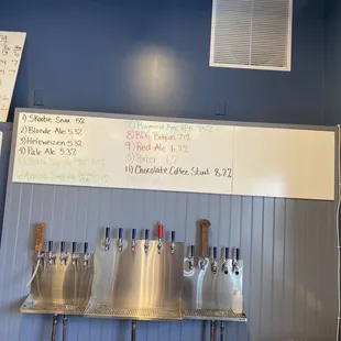 a row of beer taps