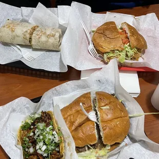 Chicken Burrito, Pork Taco, Rib Eye Torta, Chicken Torta &amp; Rice Water