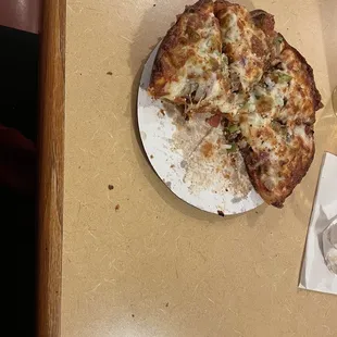 a half eaten pizza on a plate