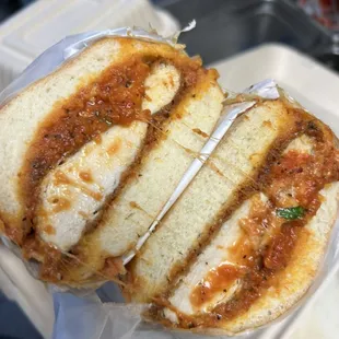 Chicken Parmesan sandwich with fresh basil