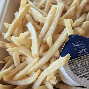 Fries, a bit like McDonald&apos;s fries but pale and less crispy