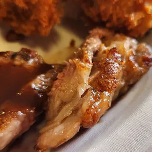 Steak and fried oysters.