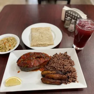 Sorrell w/Ginger Beer YUMMM   Salmon, Cabbage, Rice &amp; Peas, Plantains, Roti