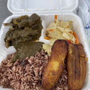 Curry Goat, Rice &amp; Peas, plantains