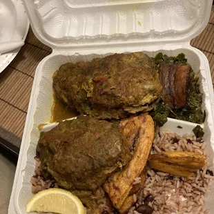 a meal in a styrofoam container