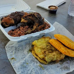 Half Jerk Chicken, Rice and Beans, Plantains, Saturday Double, and Beef Patties (Mild)