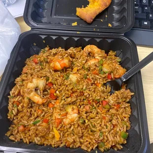 Shrimp fried rice and what's left of my spicy bean patty