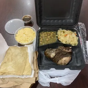 Quarter chicken with chickpeas, cabbage, mac