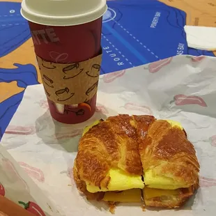 Bacon, egg and cheese croissant breakfast sandwich and large coffee. A &quot;steal&quot; at $7. Support family-owned business!