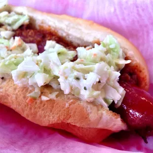All Beef Coney Island Hot Dog w/ chili and slaw