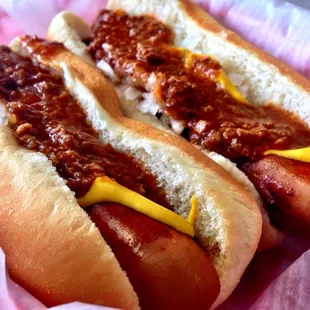 Coney Island Dogs w/ chili, mustard, and onions