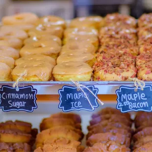 Maple Bacon Donut, Maple Donut, and Cinnamon Sugar