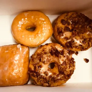 Maple Bacon Donut, glazed donut, and strawberry filled