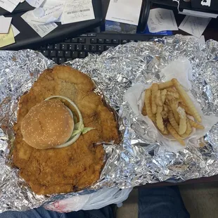 Tenderloin sandwich and fries