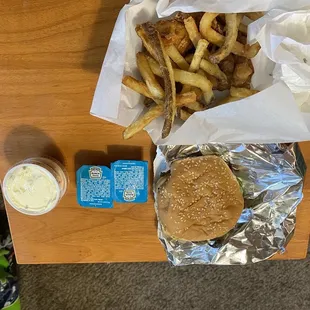 Mushroom burger with deep fried mushrooms and fries