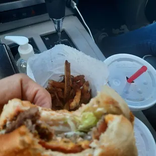 Rays Burger with cheese and bacon large fries large drink