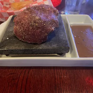 Filet on the roc - As placed on table, starting to cook.