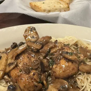 Chicken Marsala , substituted with angel hair pasta. Home run