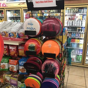 a rack of frisbees