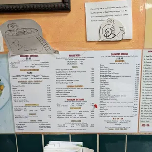 a menu on the wall